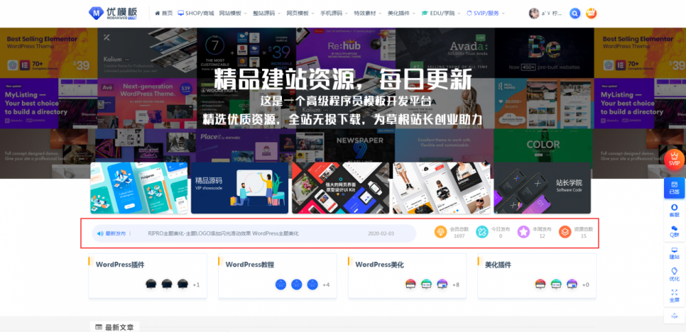 RIPRO主题美化-首页最新发布动态轮播+首页资源统计美化模块-老哥源码