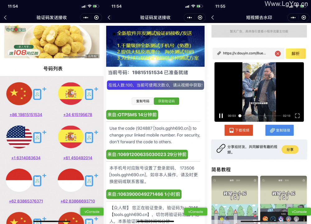 全球手机验证码发放+短视频去水印等组合微信小程序源码支持多种流量主